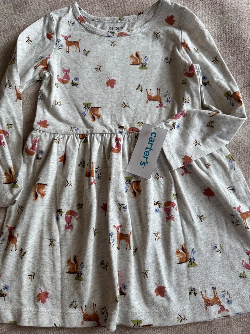 Carter's Woodland Animals Floral Print Cotton Fall Jersey Dress NWT Size 2T